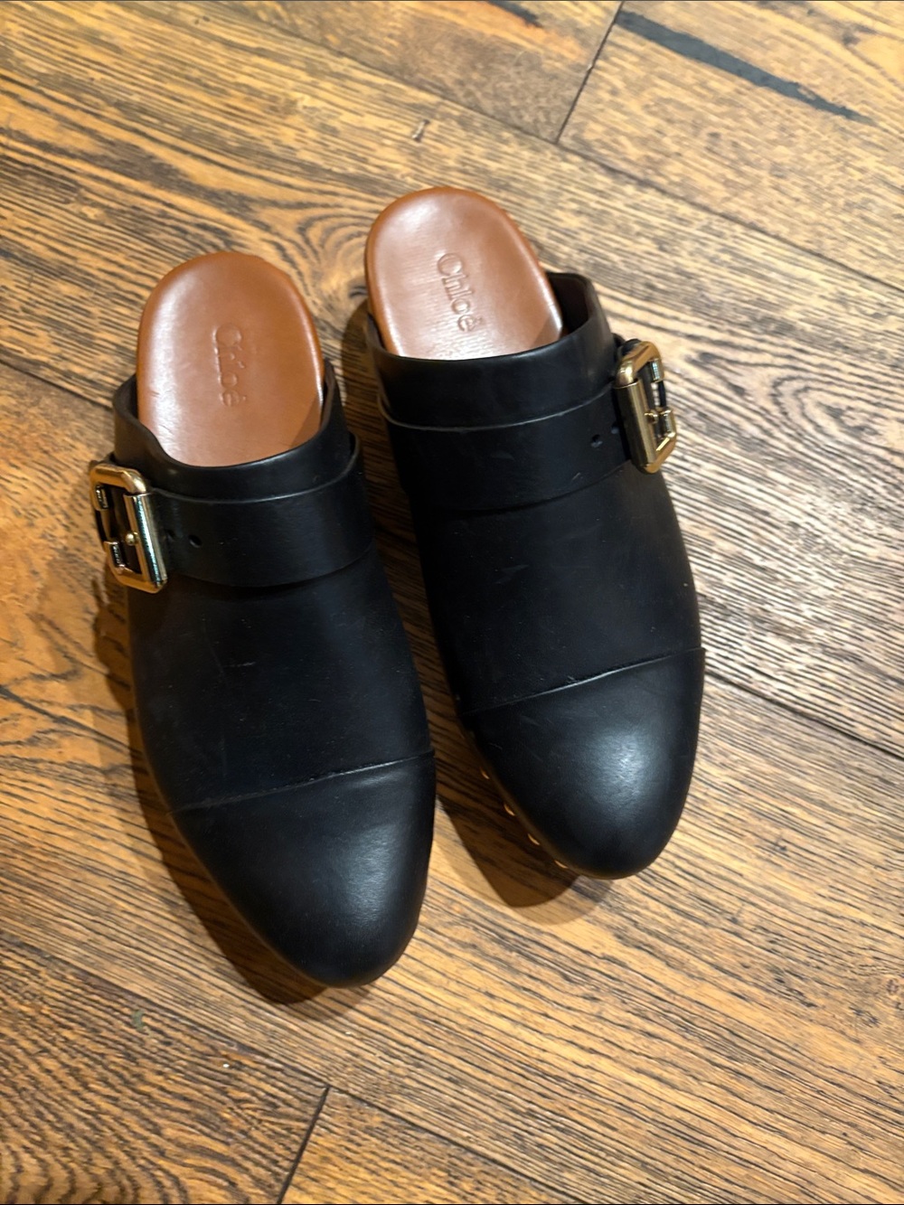 Chloe Black Leather Buckle Backless Mules